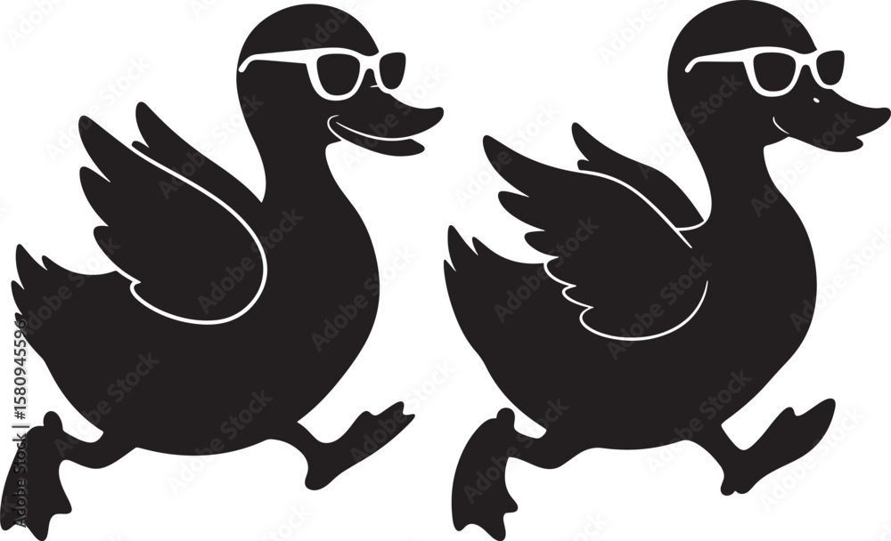 Fototapeta premium Two cartoon ducks wearing sunglasses running silhouette