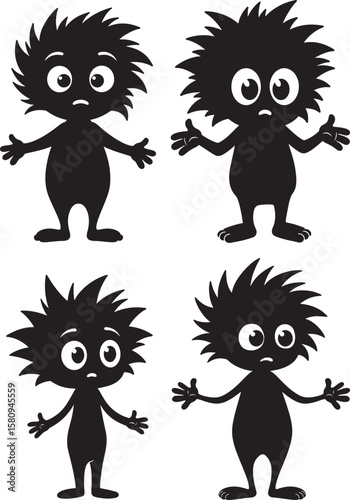 Four cute fluffy monster silhouettes with big eyes silhouette