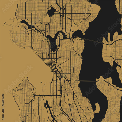 Seattle City Map Art Print Sleek urban grid designs in refined monochrome, modern blueprint style, featuring Gold on Black precision linework for the ultimate minimalist decor statement.
