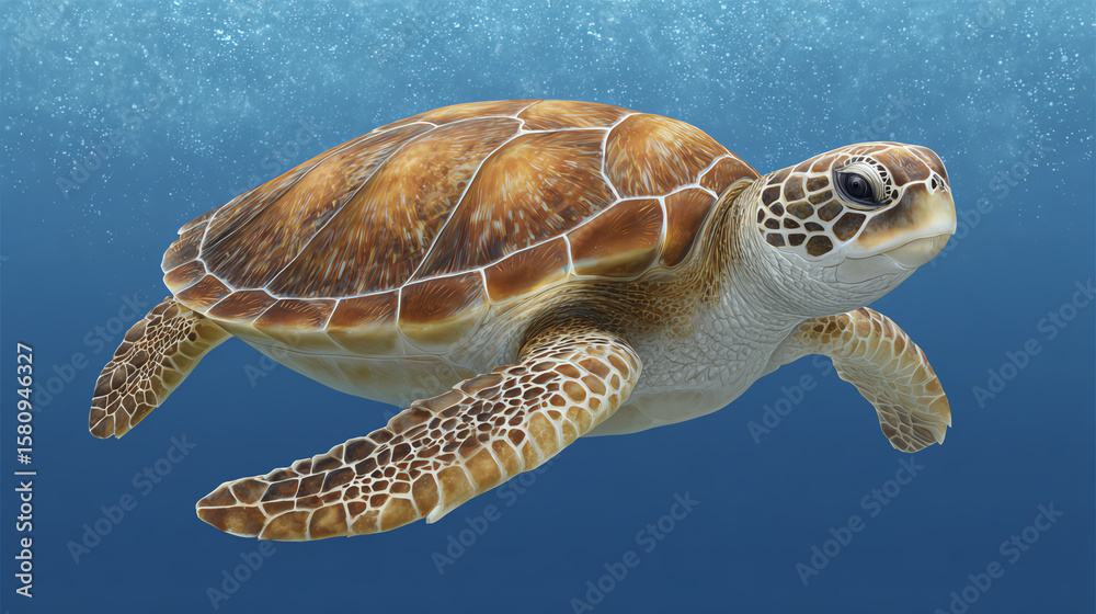 Obraz premium A graceful sea turtle swimming through clear blue waters, showcasing its unique shell patterns and serene nature.