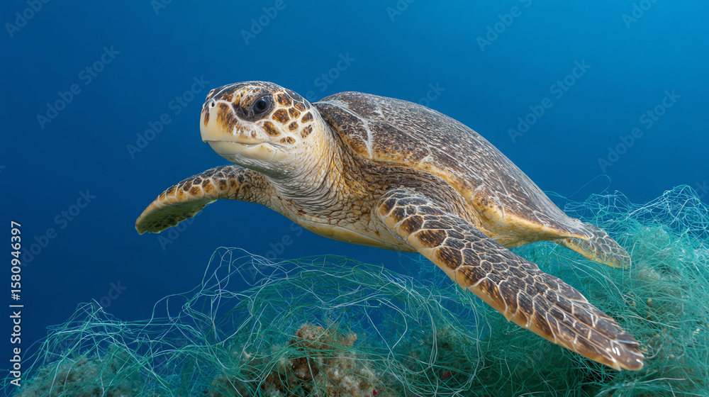 Obraz premium A graceful sea turtle swims through vibrant ocean waters, showcasing its splendid shell and surroundings full of marine life.