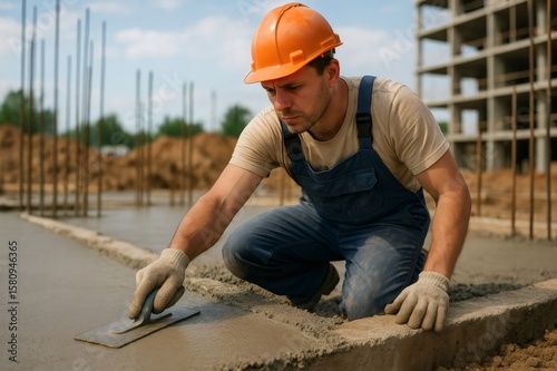 Construction worker expertly smooths fresh cement on a building site, showcasing precision and craftsmanship in concrete work