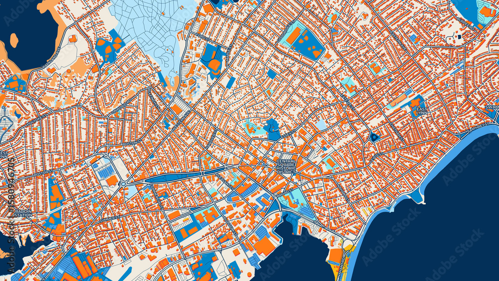 Obraz premium Colorful Lynn Street Map with Labels and Buildings