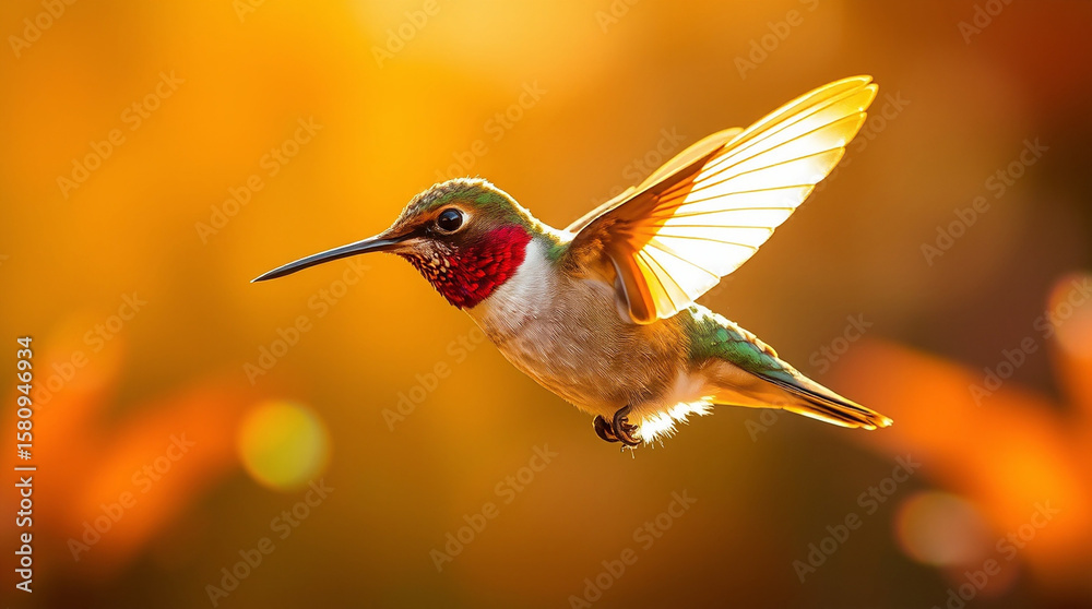 Fototapeta premium Hummingbird bathed in warm autumnal colors, bright lens flare effect, light streaks, vibrant earthy and cozy tones..jpg