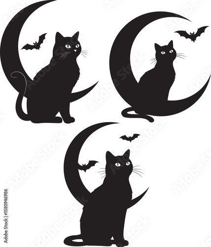Three black cats and bats on crescent moons silhouette