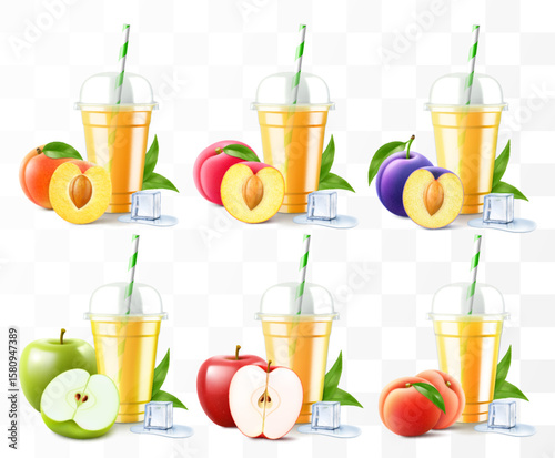 Set of clear plastic cups with juice or smoothie. Cup with sphere dome cap for milkshake, lemonade. Fruity organic shake with different exotic fruits. Fruit cocktail. Realistic 3d vector template