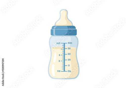 A baby bottle with a blue top filled with liquid marked with measurements