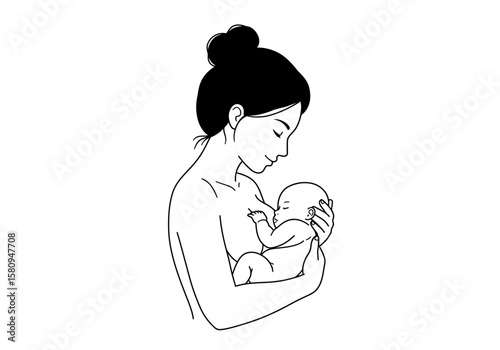 A line drawing of a mother gazing at her breastfeeding baby