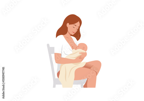 A mother sitting breastfeeding her baby swaddled in a light blanket