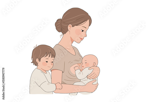 A woman breastfeeding a baby with a young child standing next to her all depicted in a stylized illustration