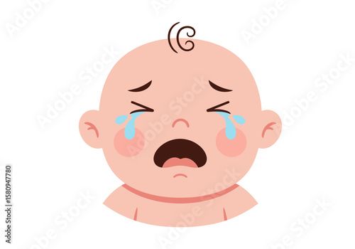 A stylized crying baby with tears a single curl and pink cheeks