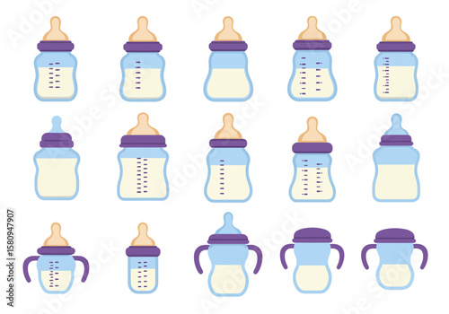 Array of baby bottles differing shapes some with handles filled to varying levels with what appears to be milk