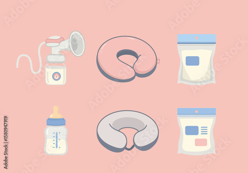 Array of babycare items pump pillows milk bags and bottle on a solid pink backdrop
