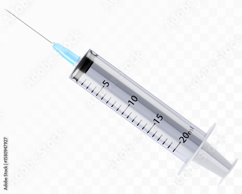 Syringe medical icon isolated on white background, hospital injection equipment. Vaccine sign, pharmacy healthcare treatment, plastic tool with needle. syringe 20 ml. 3D realistic vector illustration