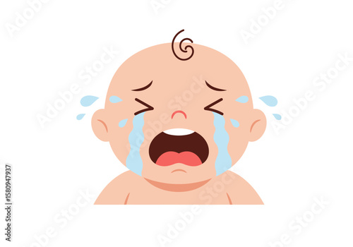 Baby illustration crying with tears open mouth curly hair on head
