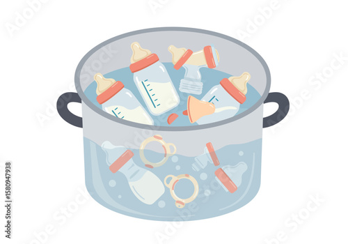 Baby bottles and accessories are submerged in a pot of water seemingly for sterilization