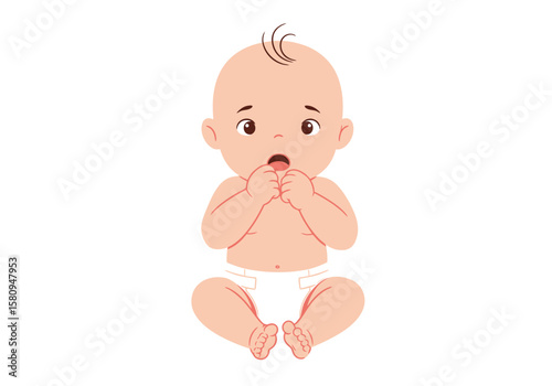 Baby sits wideeyed sucking its fingers in a diaper