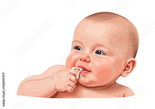 Baby with blue eyes chubby cheeks and a finger in its mouth with drool coming out
