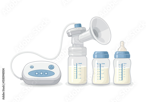 Illustration of breast pump with collection bottles some partially filled with breast milk