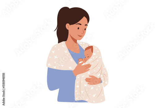 Illustration of a woman holding a swaddled baby in her arms both facing towards the viewers right
