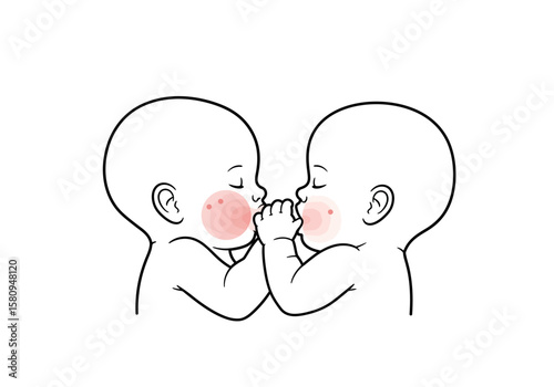 Line drawing of two babies facing each other sucking their thumbs
