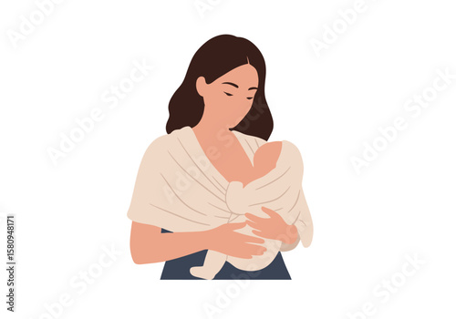 Mother gently holding a baby swaddled in a light wrap