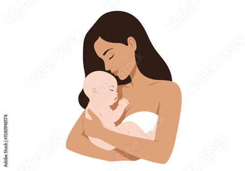 Mother tenderly holds a sleeping baby eyes closed