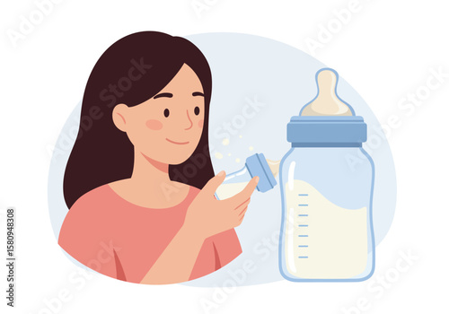 Woman preparing baby bottle milk inside
