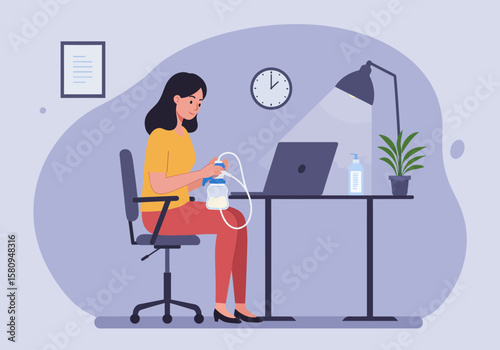 Woman pumping breast milk at desk with laptop plant lamp clock and framed art