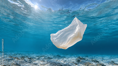 A plastic bag floats gracefully underwater, highlighting the impact of pollution on marine life and the importance of conservation.