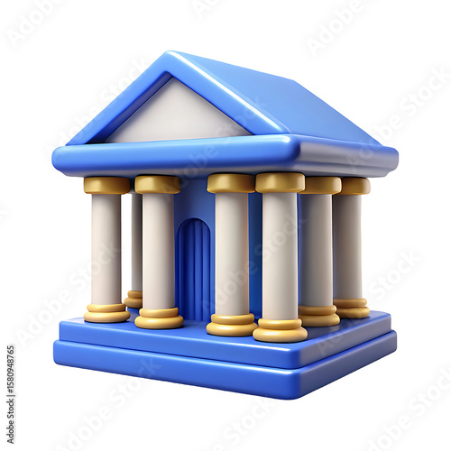 Stylized blue and white building with columns representing a bank or government institution isolated on transparent background