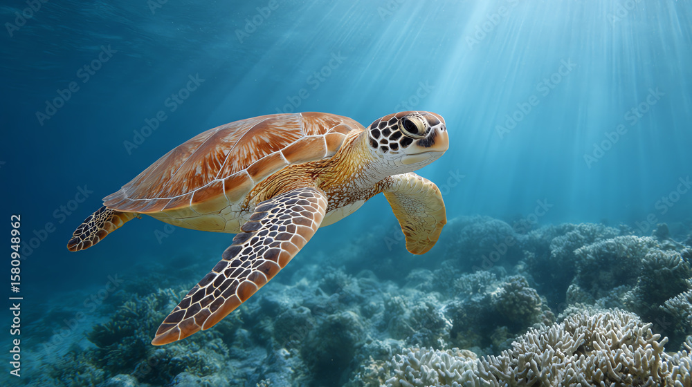 Fototapeta premium A sea turtle gracefully swims through a vibrant coral reef, surrounded by shimmering blue waters and beams of sunlight.