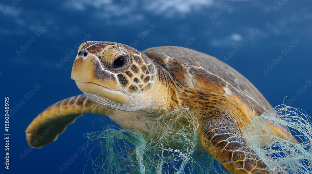 Fototapeta premium A sea turtle gracefully swims through clear blue waters, showcasing the beauty of marine life while facing environmental challenges.