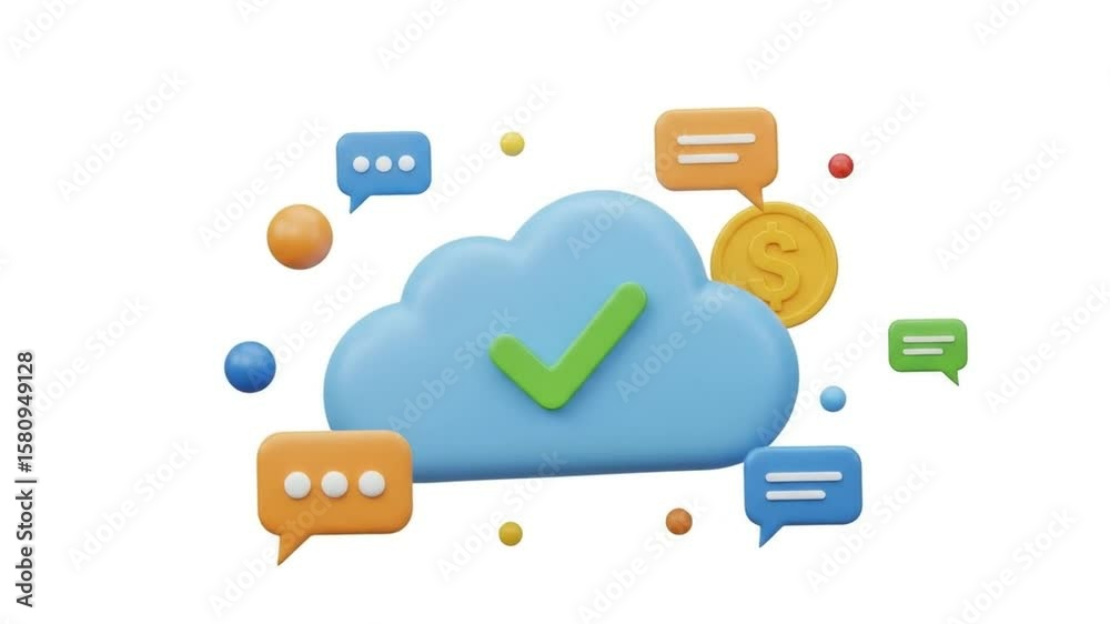 Cloud Technology with Checkmark and Chat Bubbles, Digital Communication and Data Security