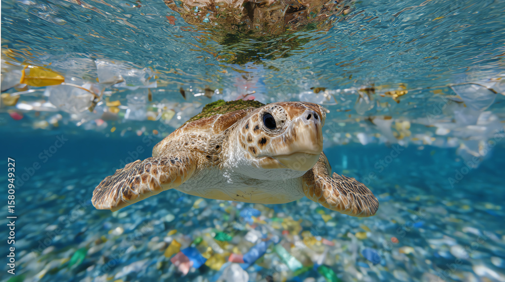 Obraz premium A sea turtle swims through a body of water filled with plastic waste, highlighting marine pollution and its impact on wildlife.