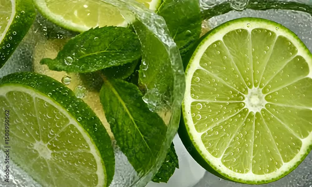Refreshing lime slices with mint leaves floating in sparkling water, creating a vibrant summer drink scene