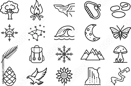 A collection of minimalist line art icons representing various aspects of nature and outdoor activities. Perfect for use in website design, print materials, and other creative projects related to camp