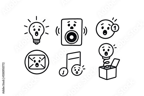 hand drawn cute doodle style isolated surprise flash bulb surprise jump scare speaker surprise notification badge surprise envelope sticker surprise soundtrack cue surprise drop mechanism