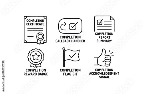 hand drawn cute doodle style isolated completion certificate seal completion callback handler completion report summary completion reward badge completion flag bit completion acknowledgment