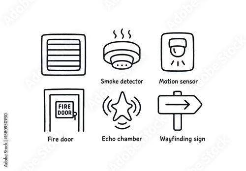 hand drawn cute doodle style isolated corridor ventilation grille corridor smoke detector corridor motion sensor corridor fire door corridor echo chamber corridor wayfinding sign
