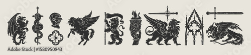 Medieval heraldic fantasy beasts, linocut magic dragon print, engraving mythology animal silhouette. Royal knight European folklore illustration set, griffin, lion, pegasus. Medieval magic beast icon