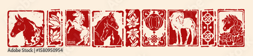 Chinese 2026 New Year horse symbol, Asian seal stamp lunar print set, holiday celebration decor. Traditional zodiac festive engraved illustration, hand drawn oriental flowers. Chinese horse ink icon