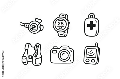 hand drawn cute doodle style isolated immersion scuba regulator immersion dive computer immersion ballast control immersion buoyancy vest immersion underwater camera immersion sonar scanner