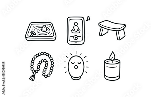 hand drawn cute doodle style isolated meditation zen garden tray meditation guided audio meditation posture stool meditation mala necklace meditation breathing coach meditation focus candle