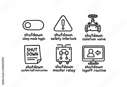 hand drawn cute doodle style isolated shutdown sleep mode toggle shutdown system halt instction shutdown safety interlock shutdown master relay shutdown isolation valve shutdown logoff