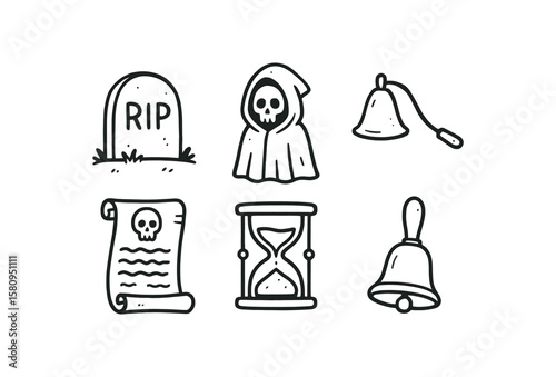 hand drawn cute doodle style isolated death gravestone emblem death reaper cloak death candle snuffer tool death last rites scroll death hourglass timer death funeral bell