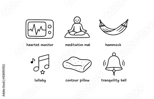 hand drawn cute doodle style isolated rest heartbeat monitor rest meditation mat rest hammock cradle rest lullaby tune rest contour pillow rest tranquility bell