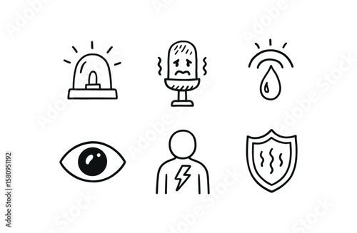 hand drawn cute doodle style isolated fear warning siren fear voice tremor analyzer fear sweat gland monitor fear pupil dilation sensor fear fight f marker fear tremor shield