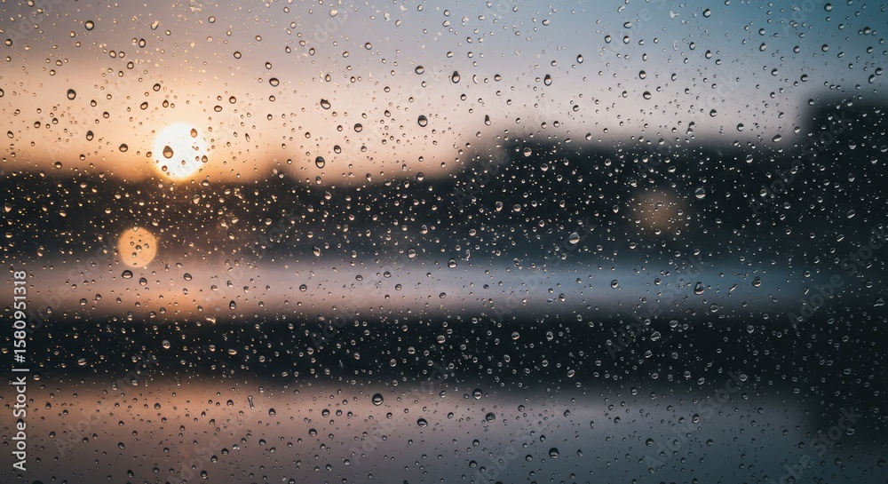 Obraz premium Rainy Sunset View Through Window Glass