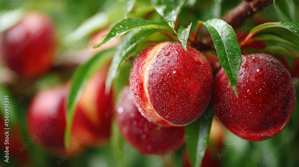 Obraz premium Ripe Nectarines on Branch with Dew Drops